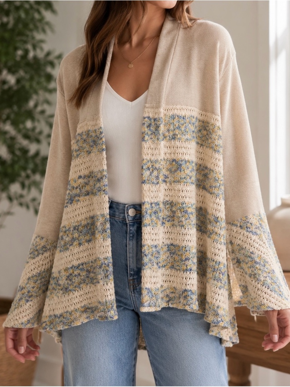 Young Threads Open Front Cardigan Sweater Women’s Large Cream Blue NWT